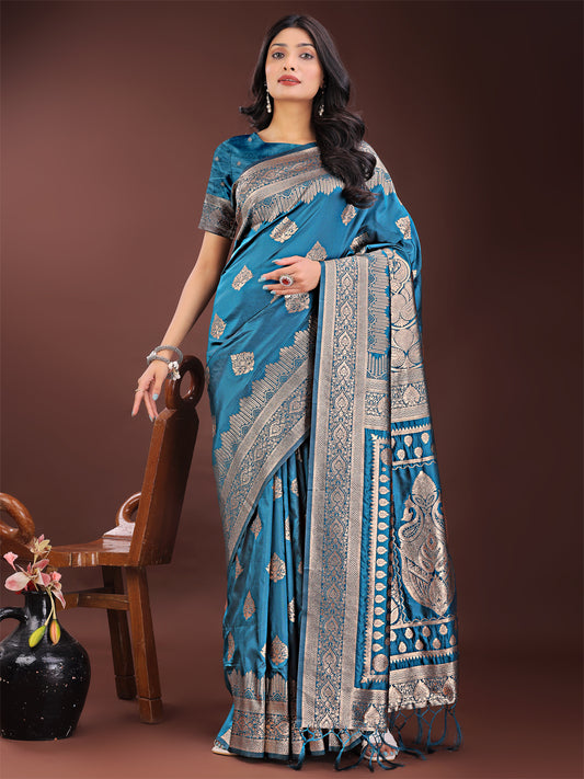 Astita Graceful Teal Banarasi Silk Saree with Silver Zari – Perfect Ethnic Wear for Weddings & Festive Moments