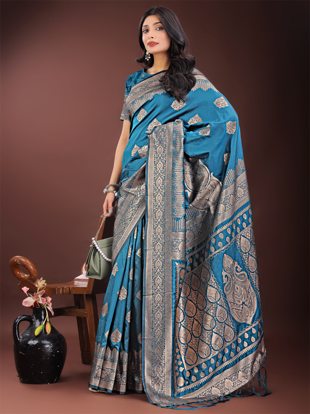 Astita Graceful Teal Banarasi Silk Saree with Silver Zari – Perfect Ethnic Wear for Weddings & Festive Moments