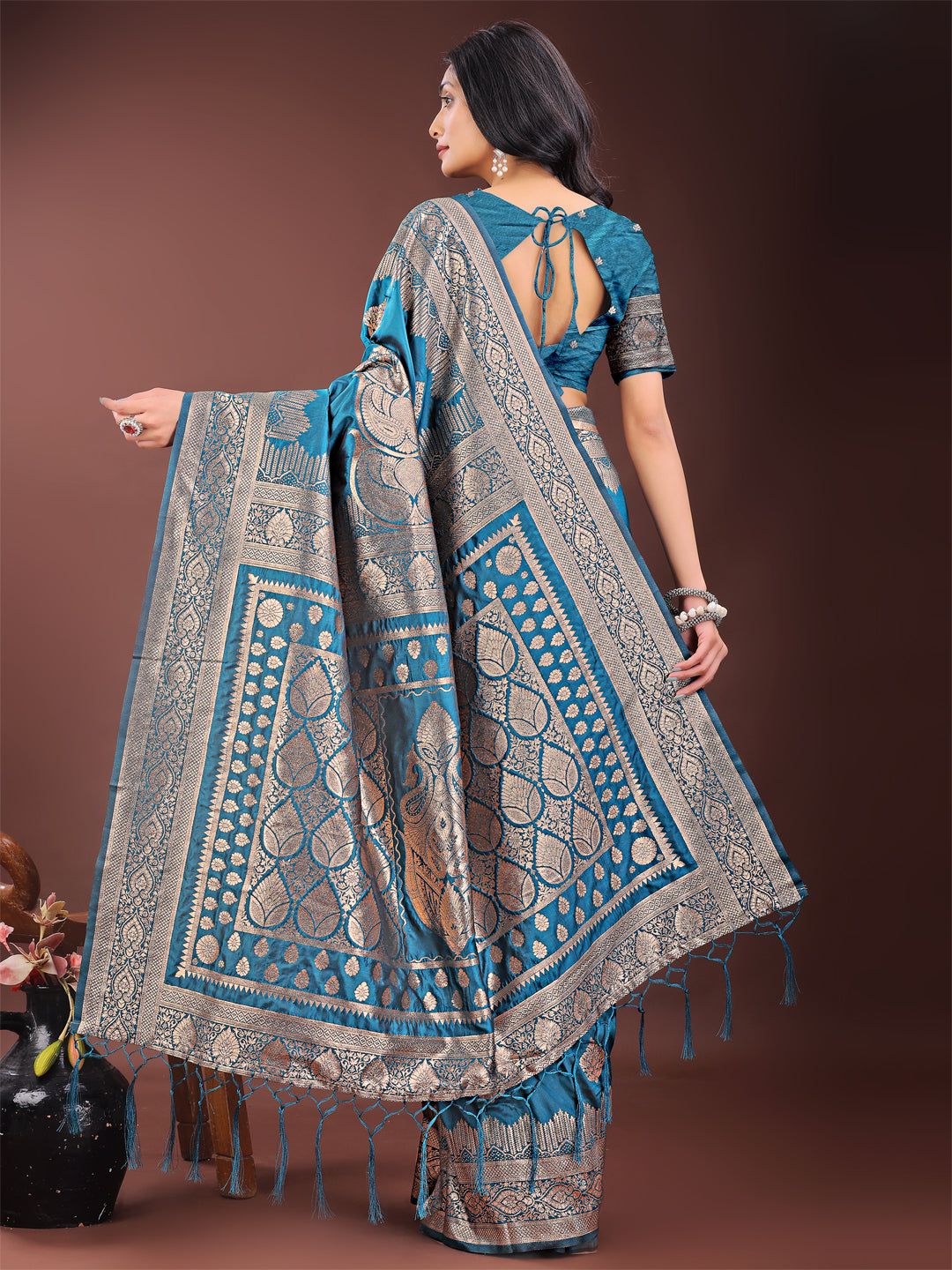 Astita Graceful Teal Banarasi Silk Saree with Silver Zari – Perfect Ethnic Wear for Weddings & Festive Moments