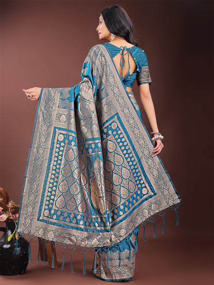 Astita Graceful Teal Banarasi Silk Saree with Silver Zari – Perfect Ethnic Wear for Weddings & Festive Moments