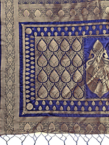 Astita Graceful Navy Blue Banarasi Silk Saree with Silver Zari – Perfect Ethnic Wear for Weddings & Festive Moments