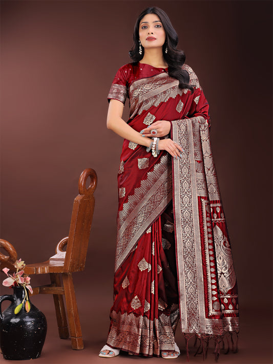 Astita Graceful Maroon Banarasi Silk Saree with Silver Zari – Perfect Ethnic Wear for Weddings & Festive Moments