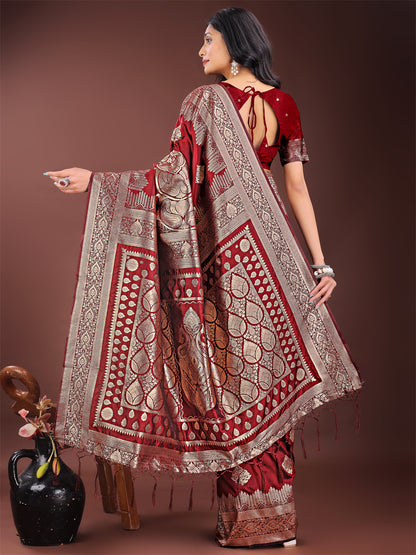 Astita Graceful Maroon Banarasi Silk Saree with Silver Zari – Perfect Ethnic Wear for Weddings & Festive Moments