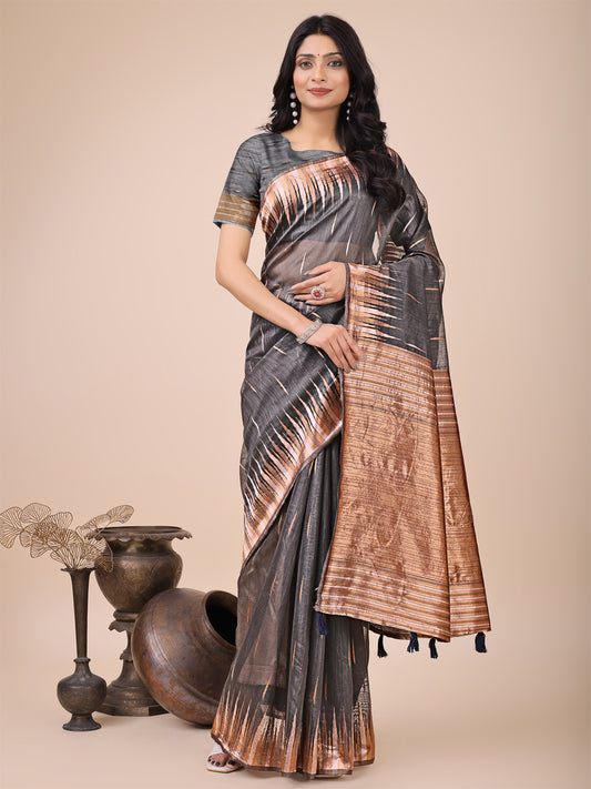 Premium Charcoal Black Linen Cotton Saree with Copper Zari Pallu & Abstract Print – Office & Festive Wear