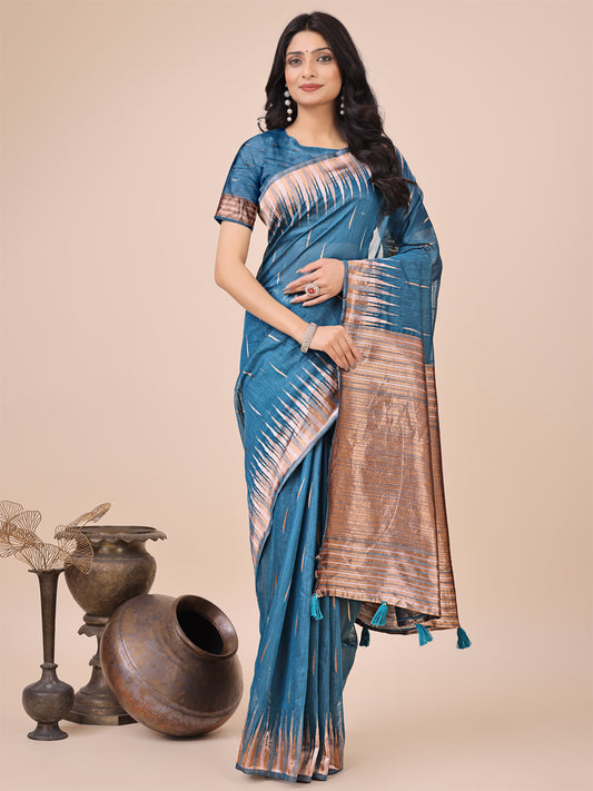 Elegant Blue Linen Cotton Saree with Copper Zari Pallu and Artistic Brush Pattern – Festive & Formal Wear