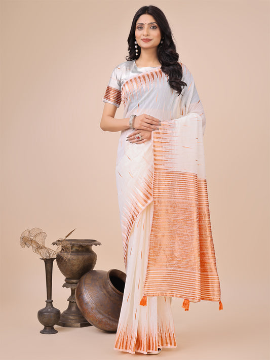 Elegant White Linen Cotton Saree with Copper Zari Pallu and Artistic Brush Pattern – Festive & Formal Wear