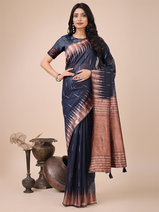 Elegant Navy Blue Linen Cotton Saree with Copper Zari Pallu and Artistic Brush Pattern – Festive & Formal Wear