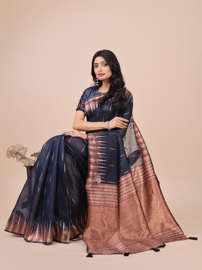 Elegant Navy Blue Linen Cotton Saree with Copper Zari Pallu and Artistic Brush Pattern – Festive & Formal Wear