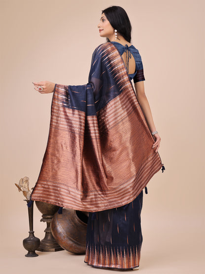 Elegant Navy Blue Linen Cotton Saree with Copper Zari Pallu and Artistic Brush Pattern – Festive & Formal Wear