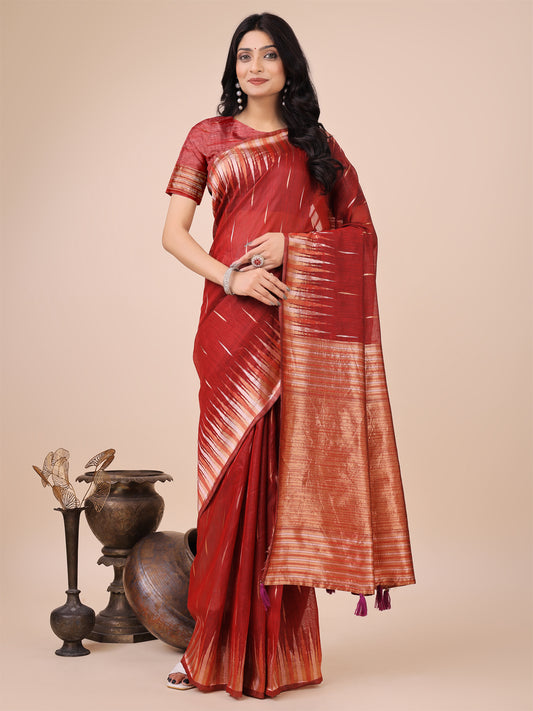 Elegant Red Linen Cotton Saree with Copper Zari Pallu and Artistic Brush Pattern – Festive & Formal Wear