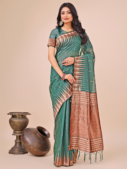 Elegant Green Linen Cotton Saree with Copper Zari Pallu and Artistic Brush Pattern – Festive & Formal Wear