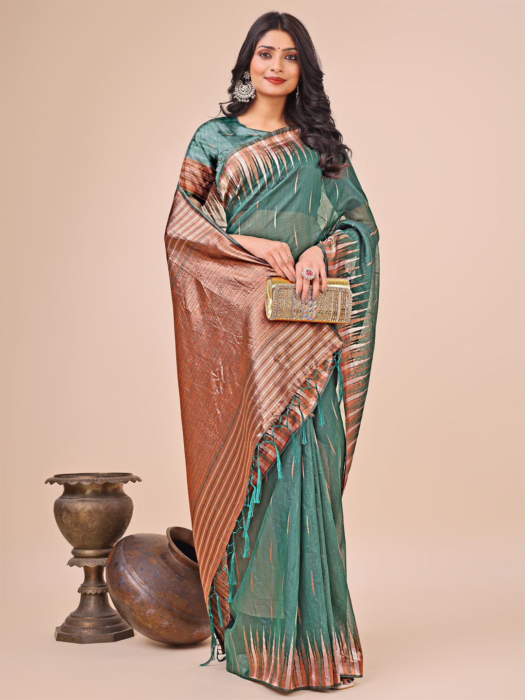 Elegant Green Linen Cotton Saree with Copper Zari Pallu and Artistic Brush Pattern – Festive & Formal Wear