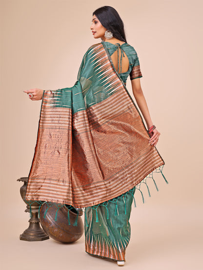 Elegant Green Linen Cotton Saree with Copper Zari Pallu and Artistic Brush Pattern – Festive & Formal Wear