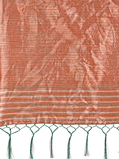 Elegant Green Linen Cotton Saree with Copper Zari Pallu and Artistic Brush Pattern – Festive & Formal Wear