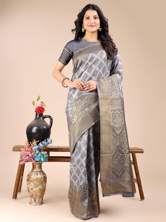 Astita Elegant Grey and Gold Silk Saree – Graceful Artistry with Contemporary Charm