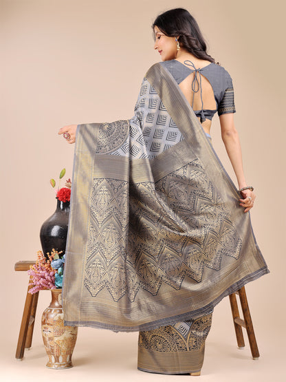 Astita Elegant Grey and Gold Silk Saree – Graceful Artistry with Contemporary Charm