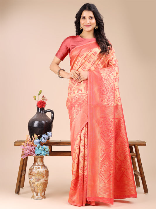 Astita Elegant Peach and Red Silk Saree – Graceful Artistry with Contemporary Charm
