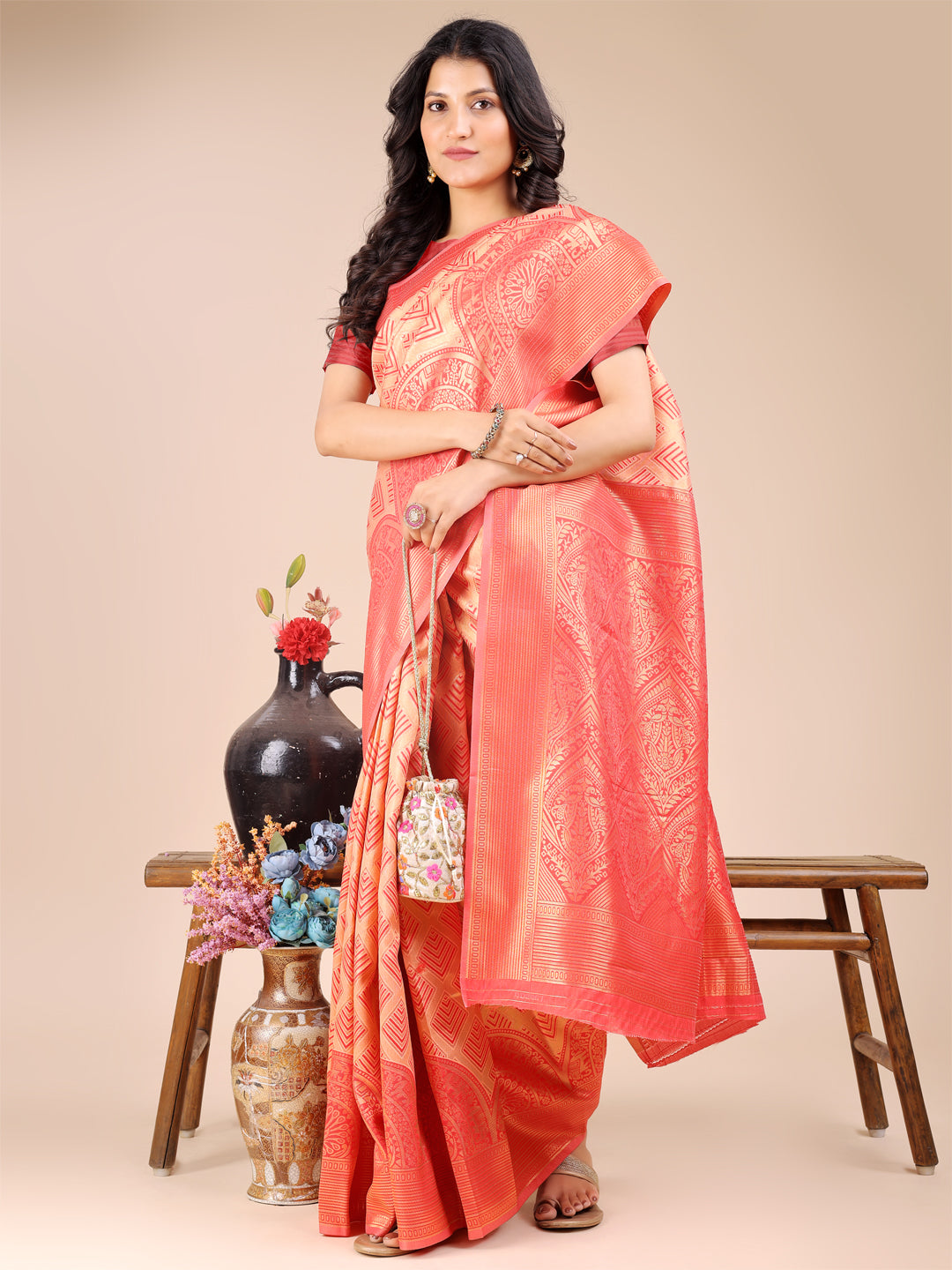 Astita Elegant Peach and Red Silk Saree – Graceful Artistry with Contemporary Charm