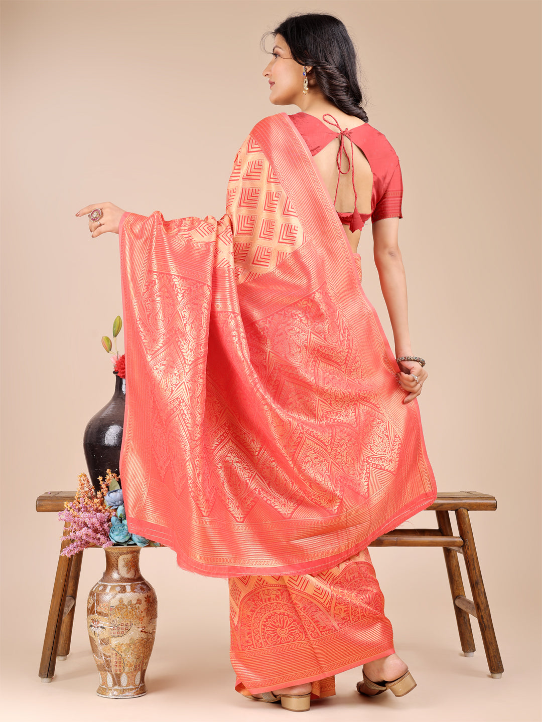 Astita Elegant Peach and Red Silk Saree – Graceful Artistry with Contemporary Charm