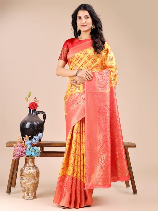 Astita Elegant Yellow and Red Silk Saree – Graceful Artistry with Contemporary Charm