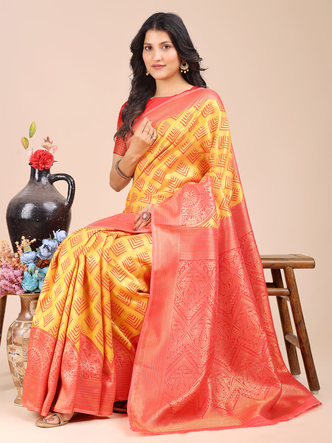 Astita Elegant Yellow and Red Silk Saree – Graceful Artistry with Contemporary Charm