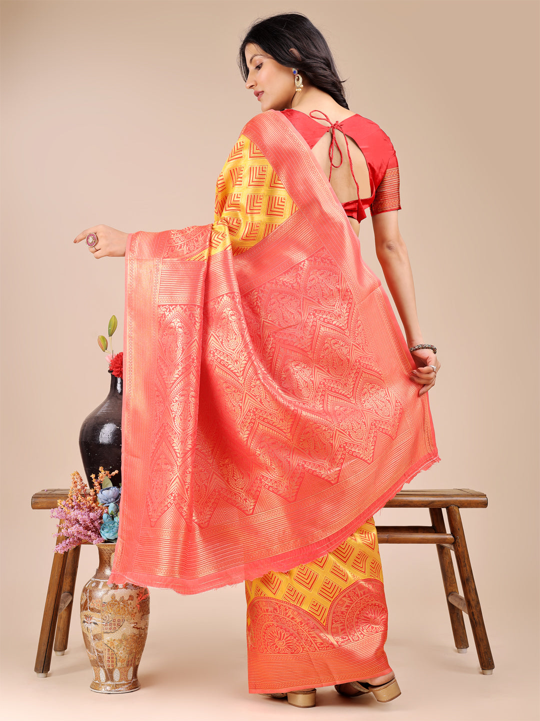 Astita Elegant Yellow and Red Silk Saree – Graceful Artistry with Contemporary Charm
