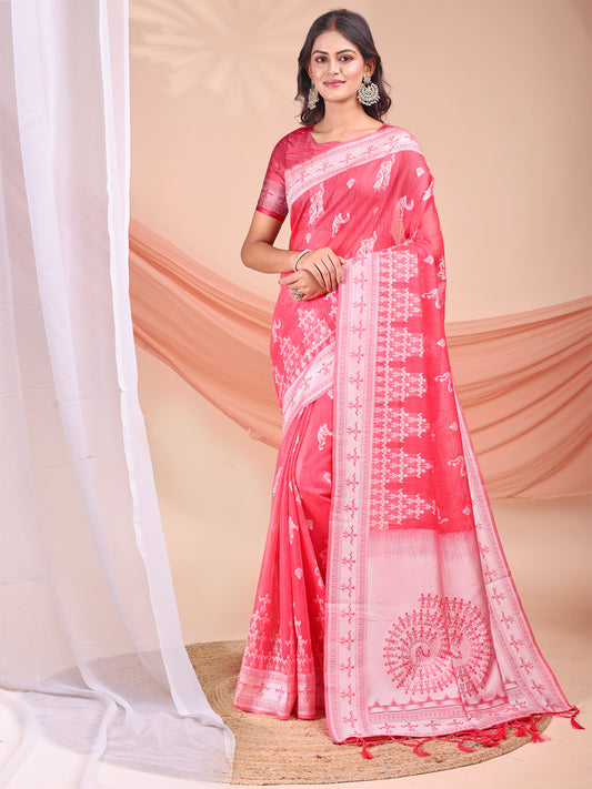 Astita Red & White Inspired Linen Cotton Saree for Women | Light, Soft, Ethnic Saree for Pooja, Office & Gifting