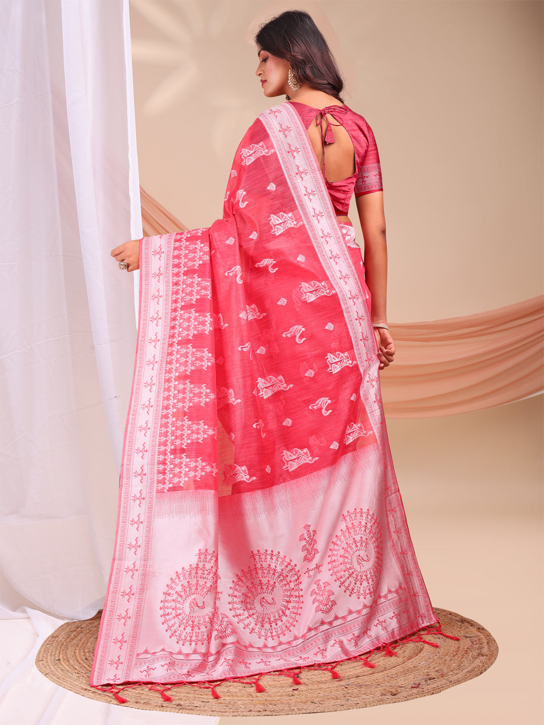 Astita Red & White Inspired Linen Cotton Saree for Women | Light, Soft, Ethnic Saree for Pooja, Office & Gifting