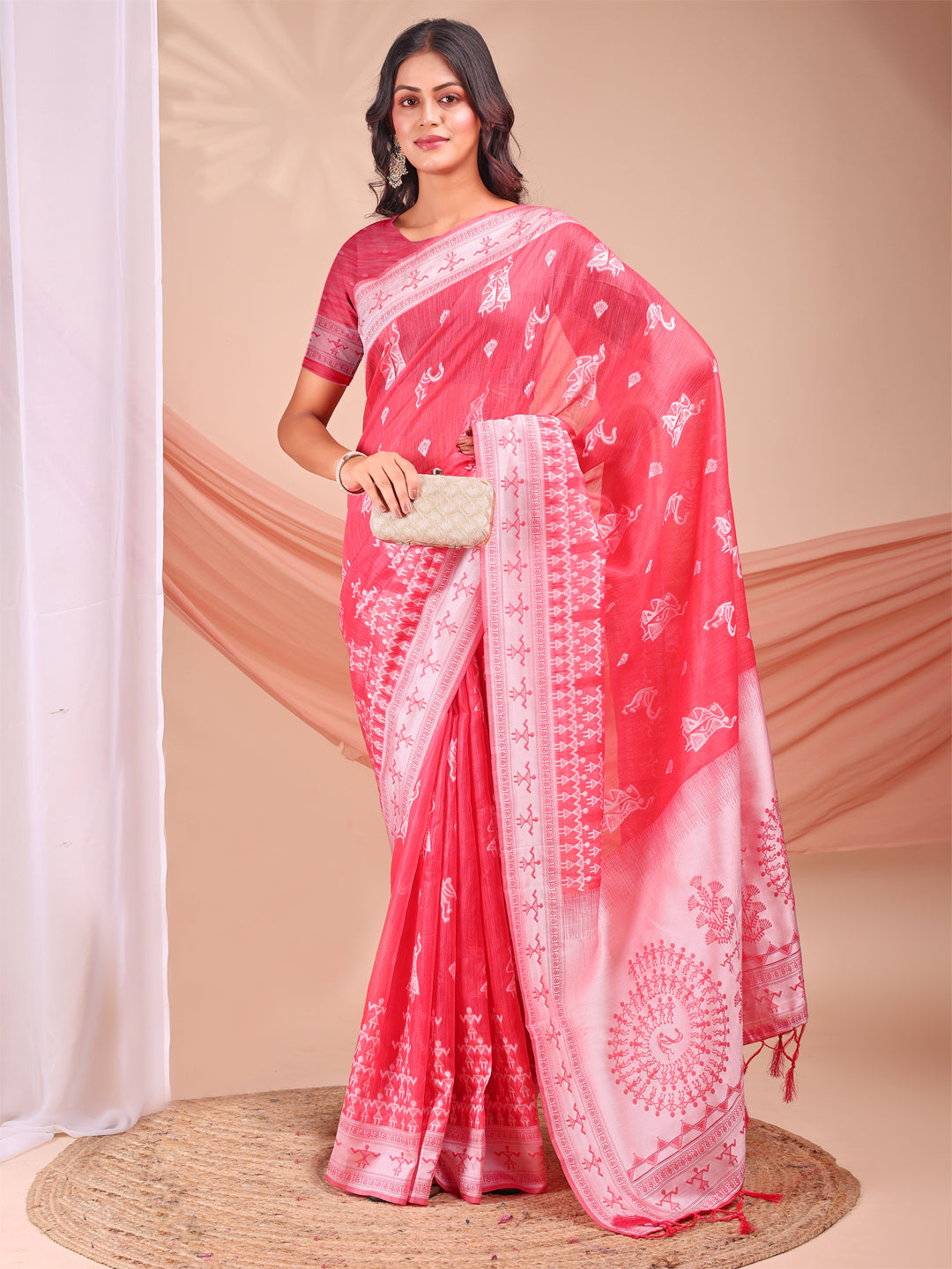 Astita Red & White Inspired Linen Cotton Saree for Women | Light, Soft, Ethnic Saree for Pooja, Office & Gifting