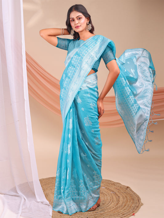 Astita Sky Blue & White InspiSky Blue Linen Cotton Saree for Women | Light, Soft, Ethnic Saree for Pooja, Office & Gifting