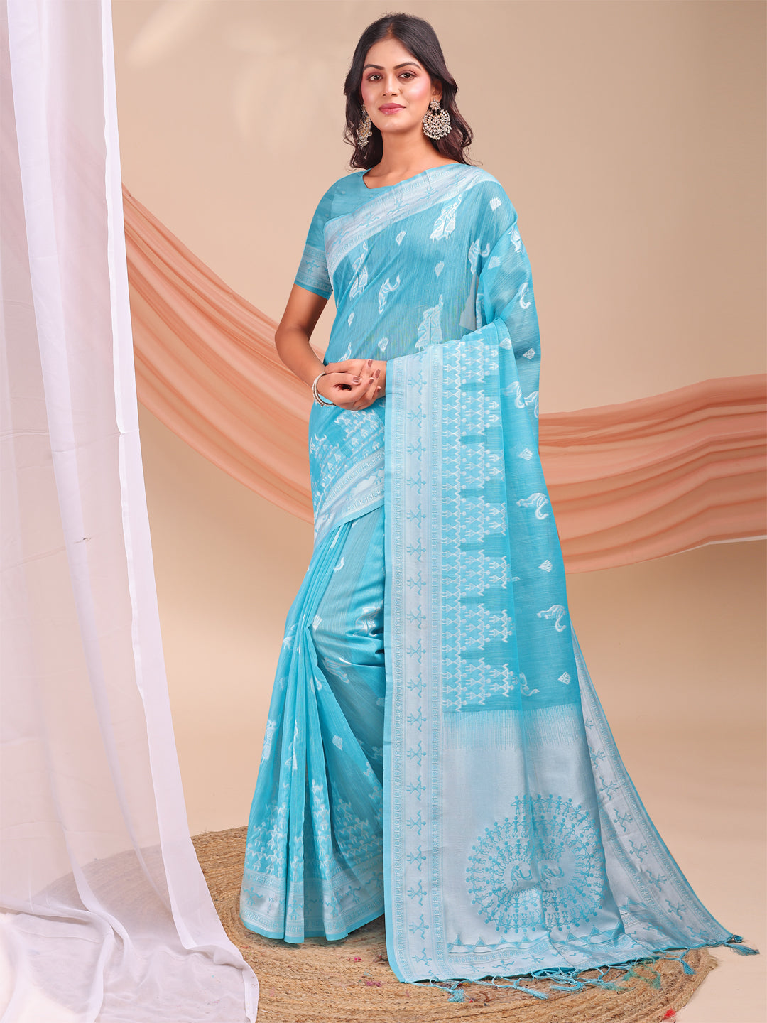 Astita Sky Blue & White InspiSky Blue Linen Cotton Saree for Women | Light, Soft, Ethnic Saree for Pooja, Office & Gifting