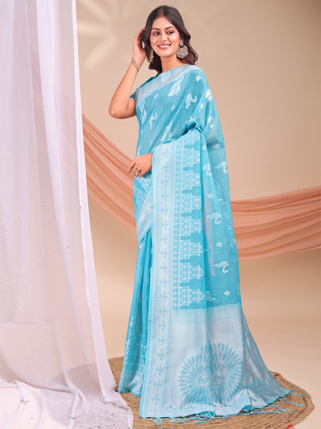 Astita Sky Blue & White InspiSky Blue Linen Cotton Saree for Women | Light, Soft, Ethnic Saree for Pooja, Office & Gifting