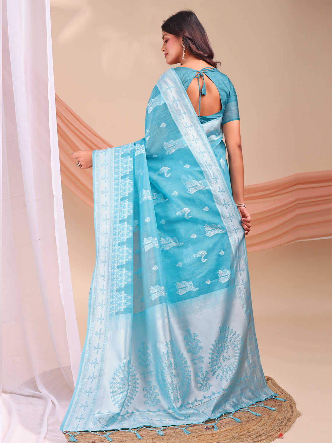 Astita Sky Blue & White InspiSky Blue Linen Cotton Saree for Women | Light, Soft, Ethnic Saree for Pooja, Office & Gifting