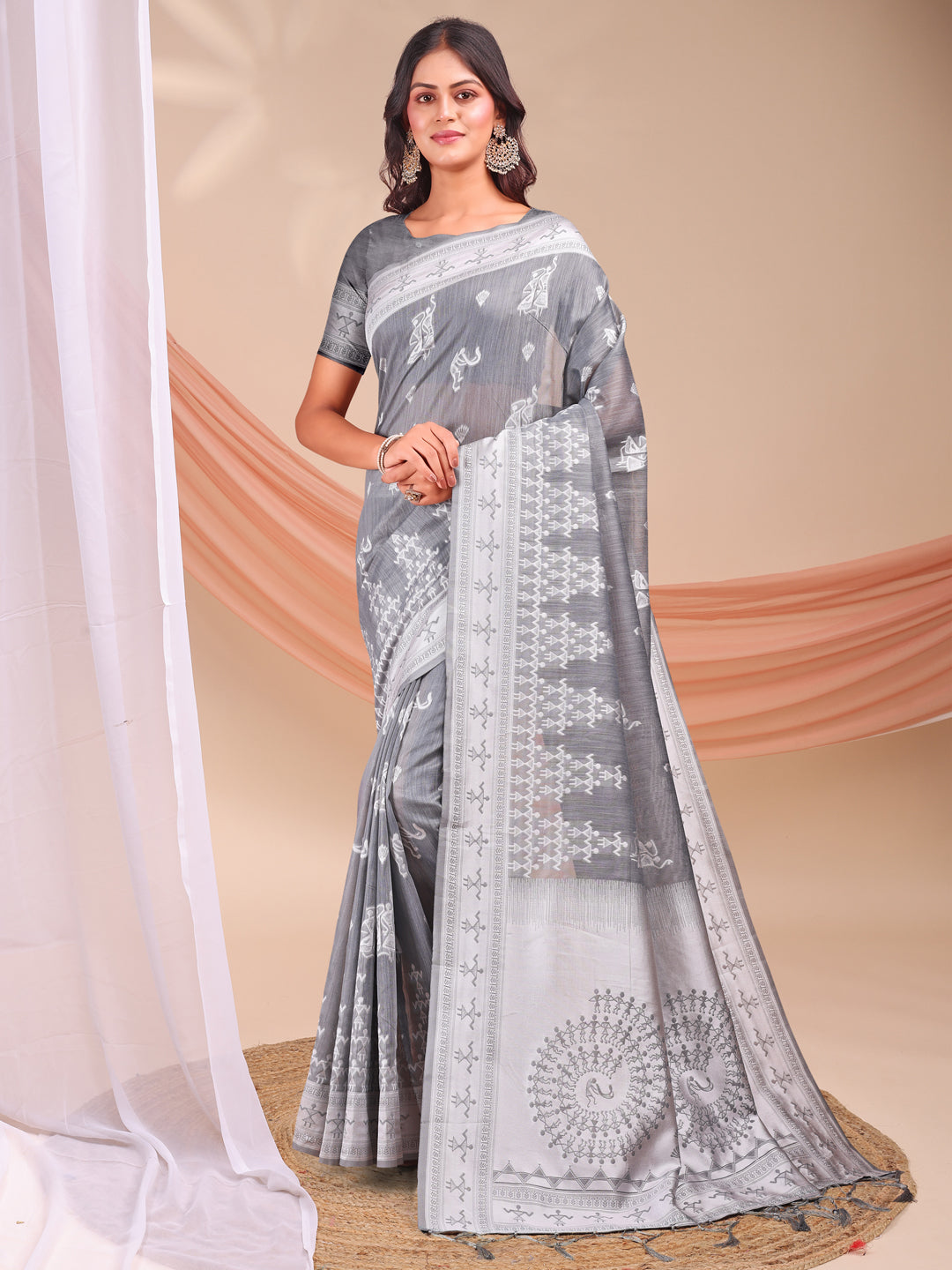 Astita Grey & White InspiGrey Linen Cotton Saree for Women | Light, Soft, Ethnic Saree for Pooja, Office & Gifting