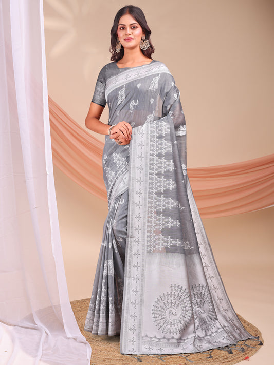 Astita Grey & White InspiGrey Linen Cotton Saree for Women | Light, Soft, Ethnic Saree for Pooja, Office & Gifting