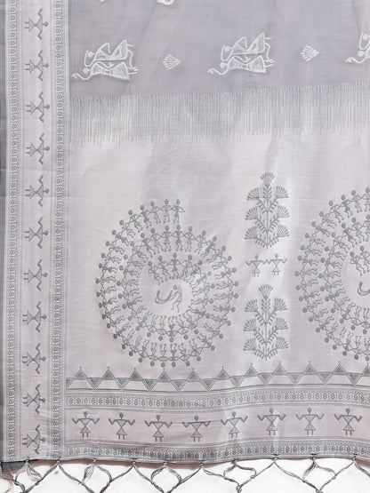 Astita Grey & White InspiGrey Linen Cotton Saree for Women | Light, Soft, Ethnic Saree for Pooja, Office & Gifting