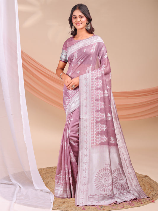 Astita Purple & White InspiPurple Linen Cotton Saree for Women | Light, Soft, Ethnic Saree for Pooja, Office & Gifting