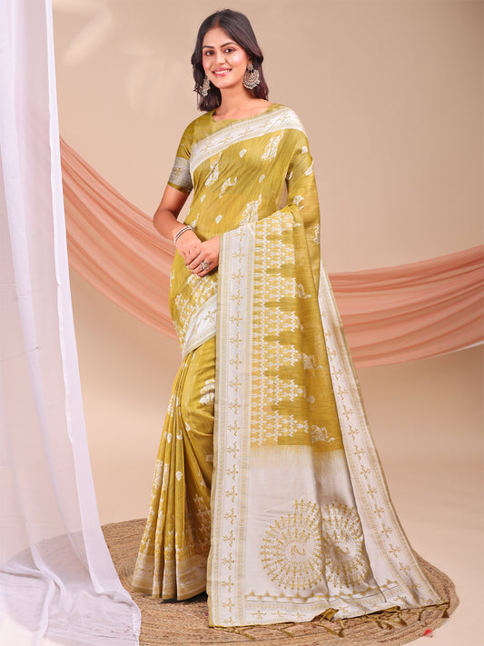 Astita Mustard & White InspiMustard Linen Cotton Saree for Women | Light, Soft, Ethnic Saree for Pooja, Office & Gifting
