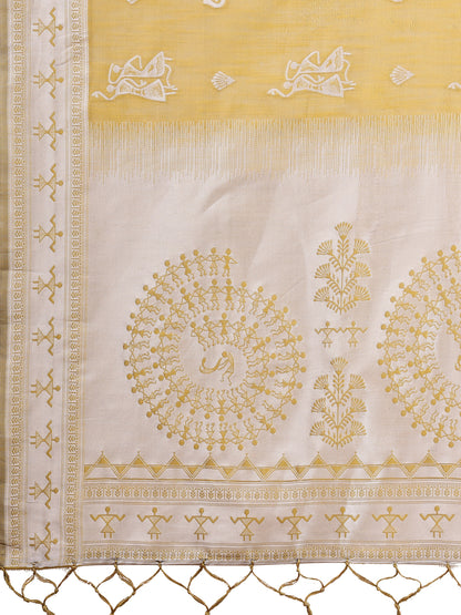 Astita Mustard & White InspiMustard Linen Cotton Saree for Women | Light, Soft, Ethnic Saree for Pooja, Office & Gifting