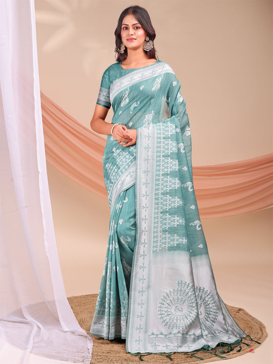 Astita Sea Green & White InspiSea Green Linen Cotton Saree for Women | Light, Soft, Ethnic Saree for Pooja, Office & Gifting