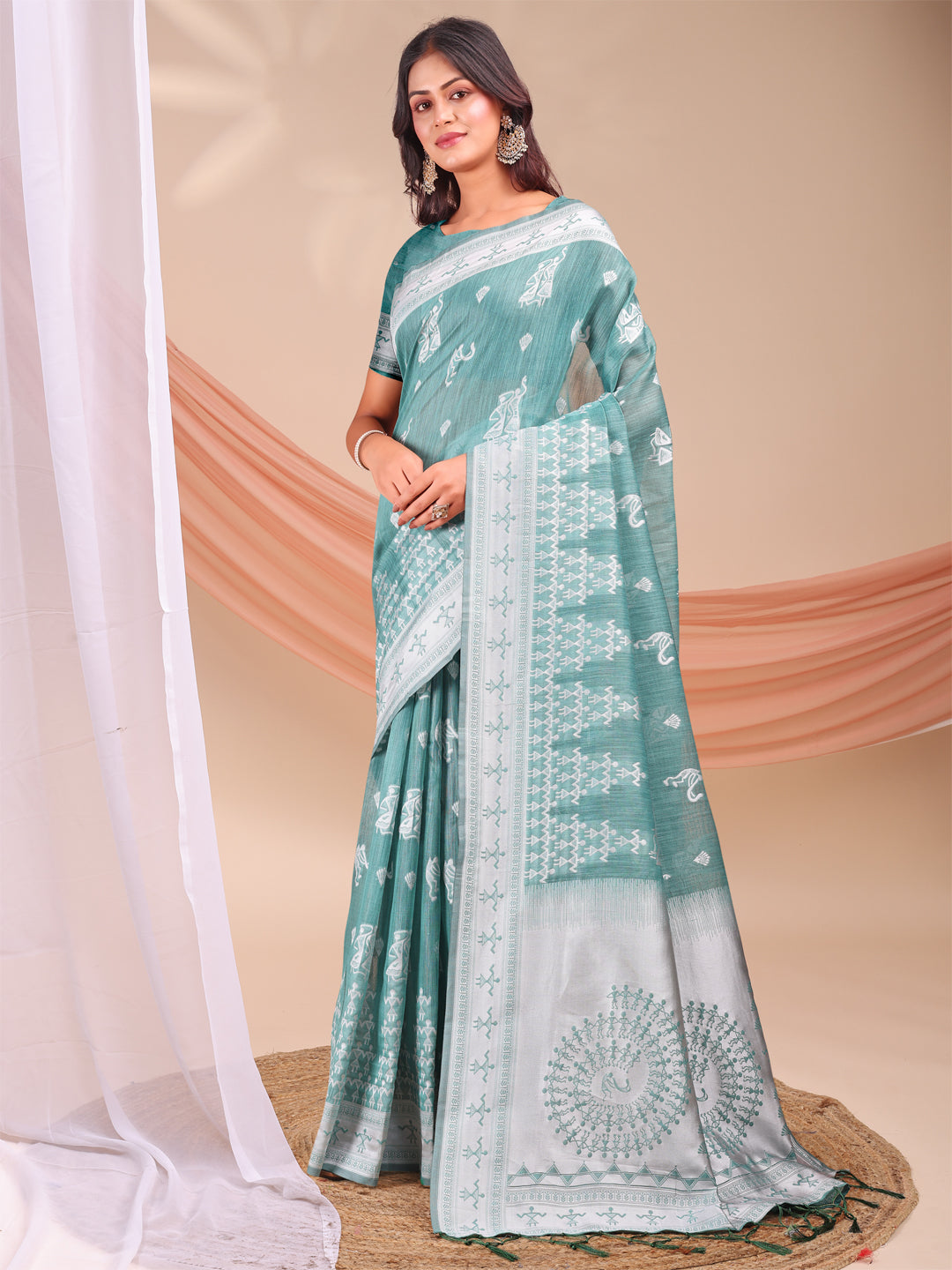 Astita Sea Green & White InspiSea Green Linen Cotton Saree for Women | Light, Soft, Ethnic Saree for Pooja, Office & Gifting