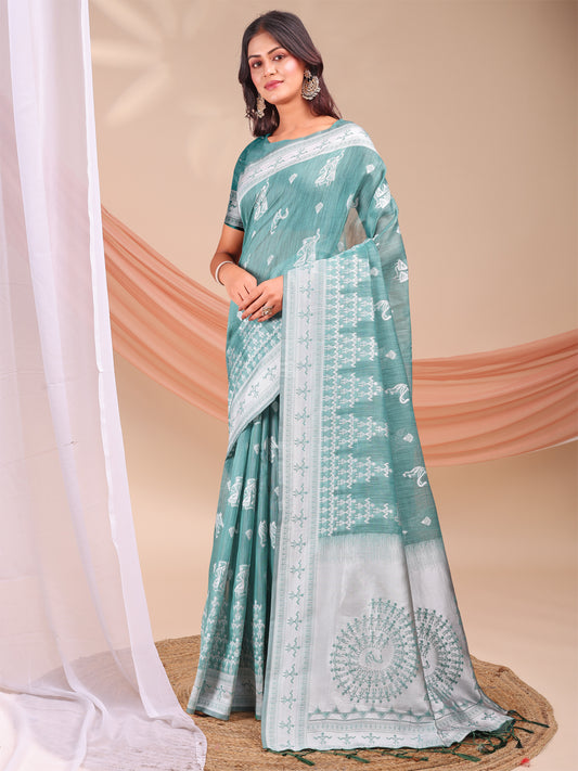 Astita Sea Green & White InspiSea Green Linen Cotton Saree for Women | Light, Soft, Ethnic Saree for Pooja, Office & Gifting