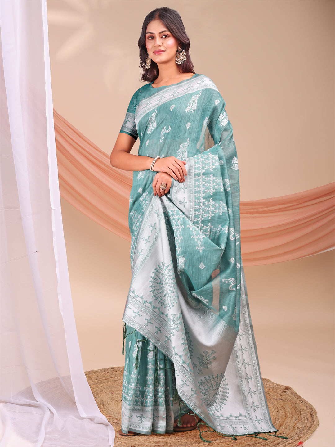 Astita Sea Green & White InspiSea Green Linen Cotton Saree for Women | Light, Soft, Ethnic Saree for Pooja, Office & Gifting