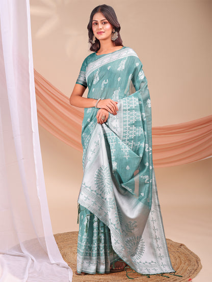 Astita Sea Green & White InspiSea Green Linen Cotton Saree for Women | Light, Soft, Ethnic Saree for Pooja, Office & Gifting