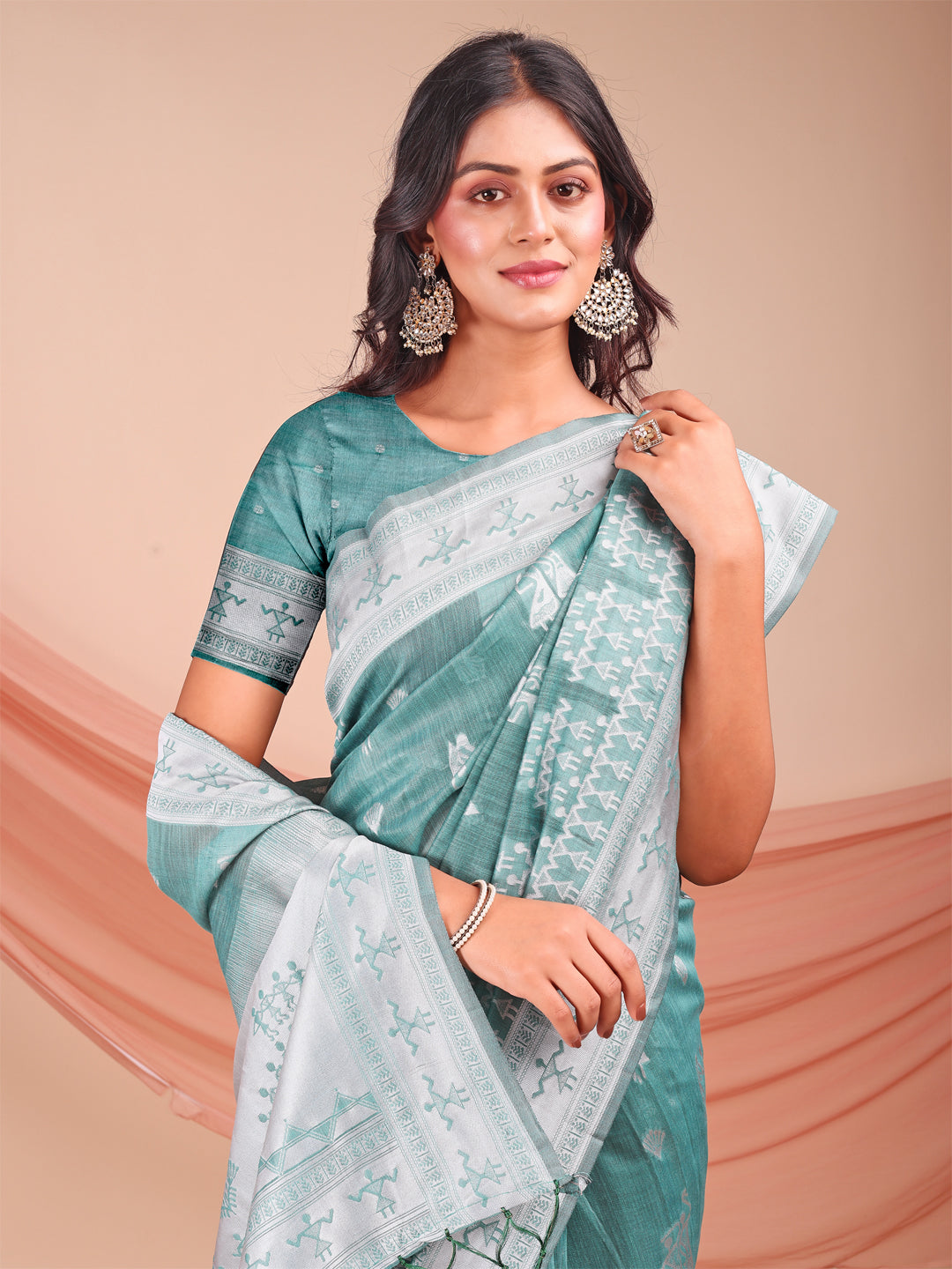 Astita Sea Green & White InspiSea Green Linen Cotton Saree for Women | Light, Soft, Ethnic Saree for Pooja, Office & Gifting