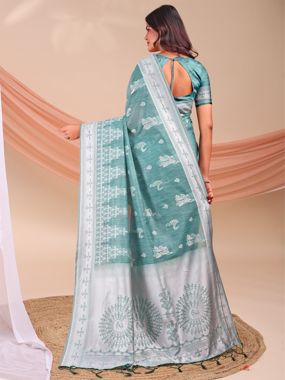 Astita Sea Green & White InspiSea Green Linen Cotton Saree for Women | Light, Soft, Ethnic Saree for Pooja, Office & Gifting