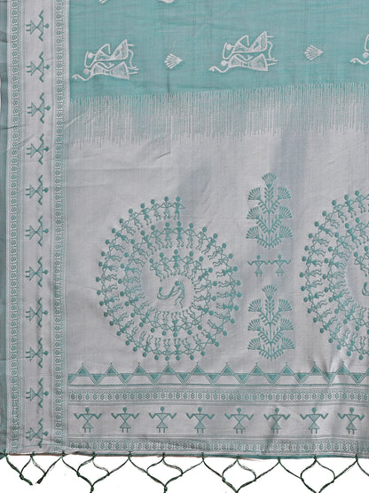 Astita Sea Green & White InspiSea Green Linen Cotton Saree for Women | Light, Soft, Ethnic Saree for Pooja, Office & Gifting