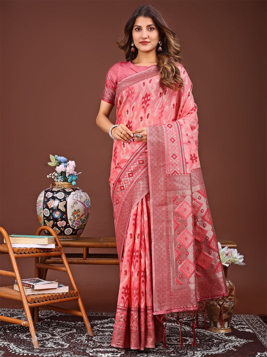 Astita Radiant Peach Linen Cotton Patola Saree – Where Tradition Dances with Elegance