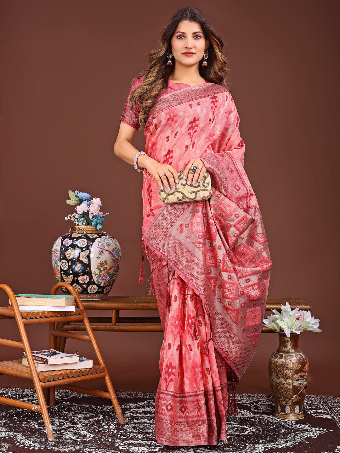 Astita Radiant Peach Linen Cotton Patola Saree – Where Tradition Dances with Elegance