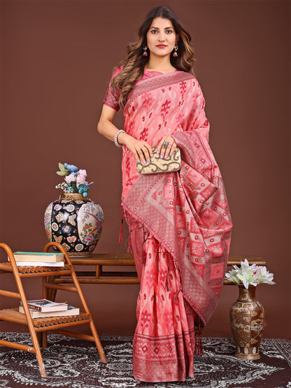 Astita Radiant Peach Linen Cotton Patola Saree – Where Tradition Dances with Elegance